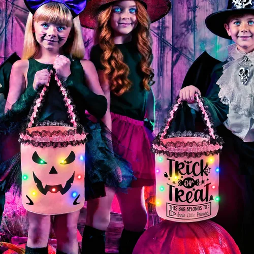 Vista 8 de Bolsas de Halloween para dulce o truco, cubo de caramelos, cesta de fantasmas iluminada, decoración multiusos reutilizable para dulces cubos