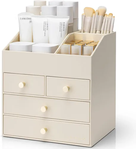 Vista 10 de Organizador de maquillaje Vlando, organizador para el cuidado de la piel para tocador, organizador de maquillaje de PU con cajones, estuche