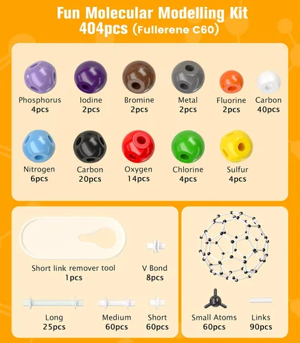 Vista 7 de Kit de modelo de química orgánica de 404 piezas, kit de modelo molecular portátil para clases de química, set de modelo de elementos atómicos