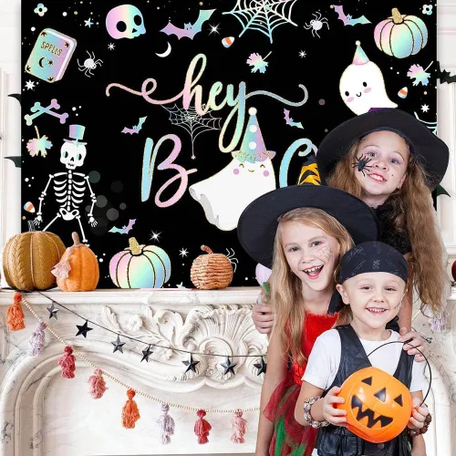 Vista 2 de Avezano Cartel de fondo de Halloween de Hey Boo de 7 x 5 pies, pancarta espeluznante de Little Boo, decoraciones para fiestas de Halloween para Negro