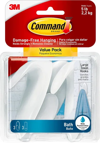 Vista 11 de Command Ganchos medianos de baño, capacidad de 3 libras, 2 ganchos, 2 tiras, organizan sin daños Blanco