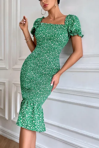 Vista 7 de PRETTYGARDEN - Vestido midi ajustado floral de verano para mujer, vestido de cóctel de sirena con dobladillo con volantes y manga corta abullonada