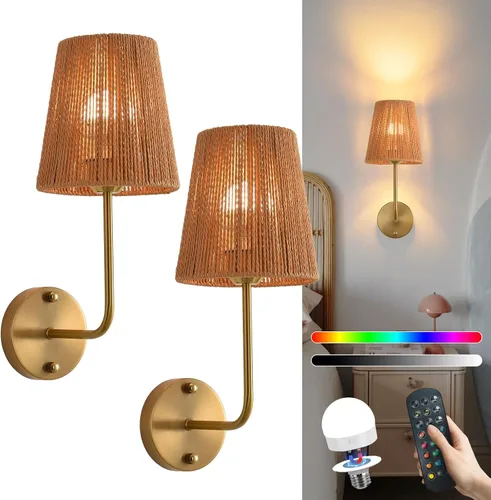 Vista 11 de Juego de 2 apliques de pared bohemios que funcionan con pilas, con pantalla de ratán dorado, luces de pared inalámbricas con bombillas recargables