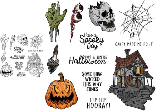 Vista 6 de Juego de sellos transparentes espeluznantes y troqueles de corte de metal con diseño de calavera de calabaza de Halloween con paquete de caja