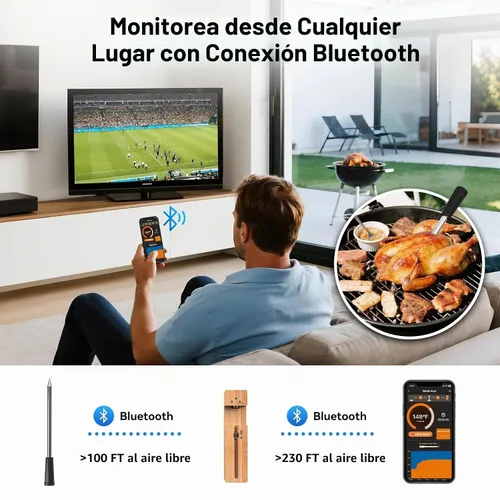 Vista 3 de Newise Termómetro de Carne Inalámbrico Bluetooth con Aplicación Inteligente, Largo Alcance y Carga Rápida, Termómetro Digital de Alimentos