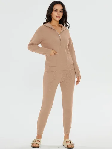 Vista 4 de DEEP SELF Conjunto de dos piezas de suéter para mujer, de manga larga, con media cremallera, pantalones deportivos con bolsillos