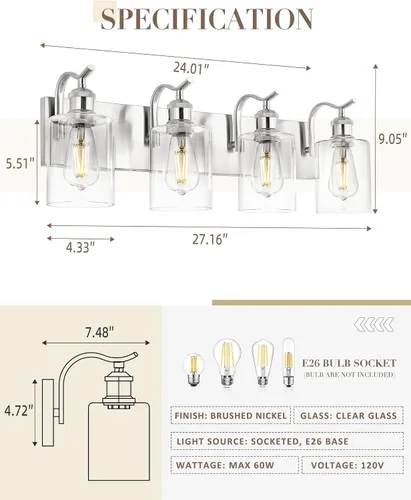 Vista 2 de Lámpara de tocador de baño con 4 luces, aplique de pared de níquel cepillado, lámpara de baño moderna con vidrio transparente, VL01BN-4 Níquel