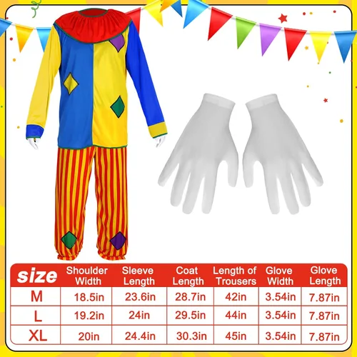 Vista 6 de Funtery Juego de disfraz de payaso de 7 piezas, incluye disfraz de payaso rojo, nariz, zapatos, sombrero, peluca de payaso, guantes para adultos