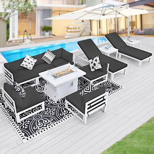 Vista 15 de BULEXYARD - Sofá modular de aluminio para exteriores con mesa para fogata, 7 piezas, color verde azulado