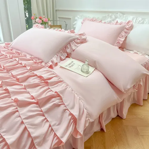 Vista 9 de MOOWOO Ropa de cama para niñas – Funda de edredón con volantes en cascada – 2 piezas Shabby Chic Color sólido suave y transpirable con cierre de Rosa