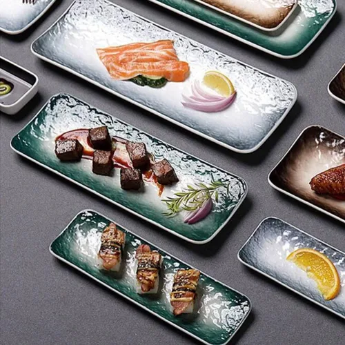 Vista 4 de CALLARON Plato de sushi de cerámica, 2 platos de porcelana para servir platos, bandeja rectangular de postres, bandeja de exhibición de postres