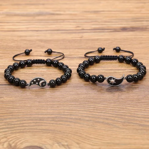 Vista 4 de COAI Yin Yang - Pulseras de piedra para parejas con diseño de My Sun and Stars Moon of My Life, Piedra, Ónix mate y howlita