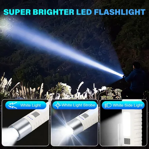 Vista 3 de Pequeña linterna LED recargable, luz de mano ultraligera de 500 lm con luz lateral COB, zoomable, 4 modos, USB-C, perfecta para campamento, corte