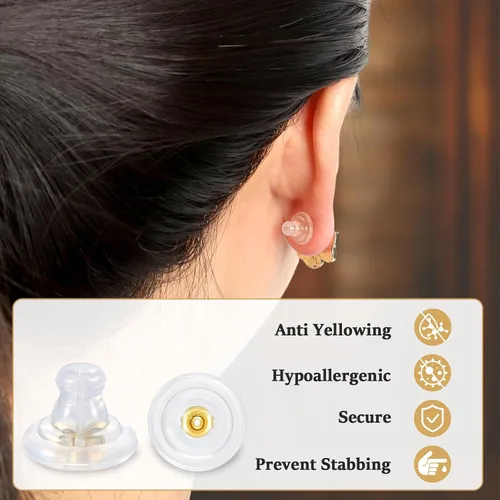 Vista 8 de Parte trasera de aretes para orejas caídas, de silicona de oro de 18 quilates, adecuadas para aretes y aretes pesados, transparentes