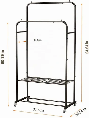 Vista 5 de SUOERNUO Perchero con ruedas para ropa, estante para colgar ropa resistente, estante metálico enrollable para dormitorio, armario (Negro) Perchero