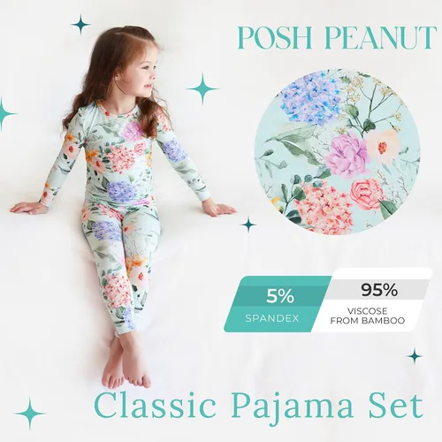 Vista 77 de Posh Peanut Pijamas para niñas, suaves, de viscosa de bambú para niños, pijamas a juego de manga larga para niñas