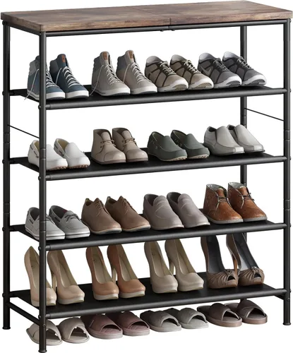 Vista 10 de INGIORDAR Organizador de zapatero de 4 niveles, estante organizador de metal con tablero MDF industrial y tela en capas para entrada, armario, Negro
