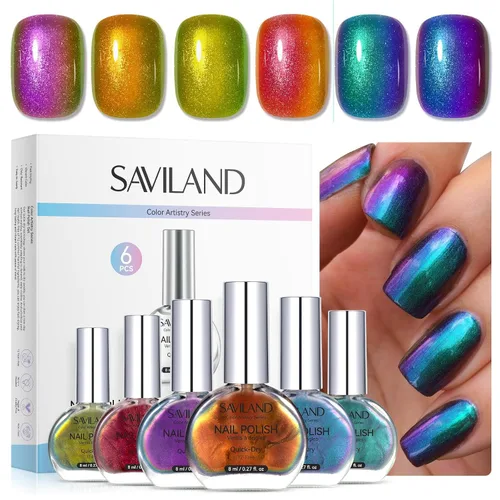 Vista 12 de SAVILAND - Juego de esmaltes de uñas perlado: secado rápido, 12 ingredientes libres, esmalte Aurora, 6 colores brillantes, morado, rosa, azul