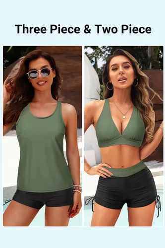Vista 2 de Yonique Trajes de baño tankini de 3 piezas para mujer, camiseta sin mangas, trajes de baño con pantalones cortos y brasier, traje de baño atlético