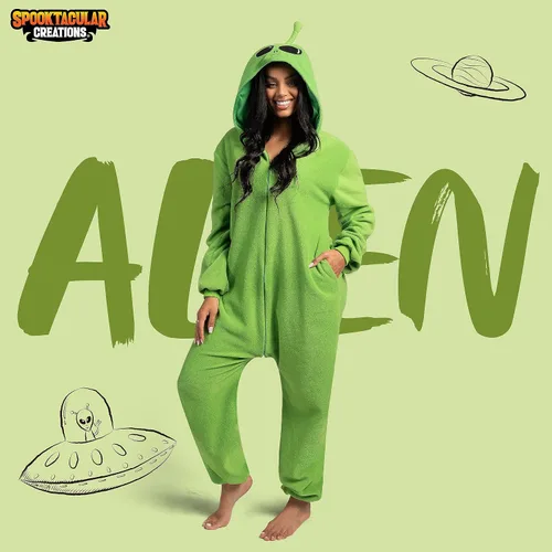Vista 2 de Spooktacular Creations Unisex Adult Alien Pajama Plush Costume with Hat for Dress Up Role Play Party Halloween Costume