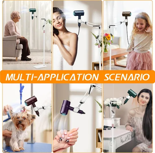 Vista 6 de Soporte para secadora de pelo, altura ajustable de 5.5 ft, soporte para secadora manos libres con base pesada, rotación de 360 grados, funciona