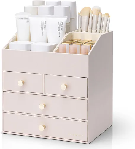 Vista 13 de Organizador de maquillaje Vlando, organizador para el cuidado de la piel para tocador, organizador de maquillaje de PU con cajones, estuche