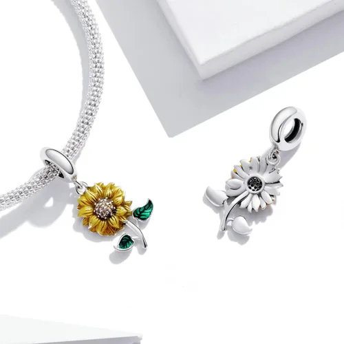Vista 3 de Shysnow Pulseras de plata de ley 925 con dije de girasol, chapado en oro, circonita cúbica, con abalorios, brazalete, collar