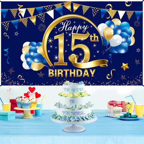 Vista 4 de Cartel de cumpleaños número 15 azul dorado para niños, suministros de fiesta de telón de fondo, letrero de fondo para fotos de cumpleaños de 15 años