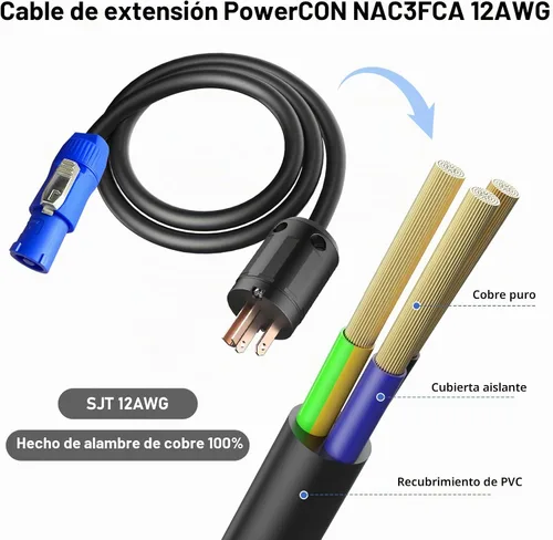 Vista 5 de Cable PowerCon de 12 AWG, NEMA 5-15p a PowerCon cable de alimentación de 3 pies