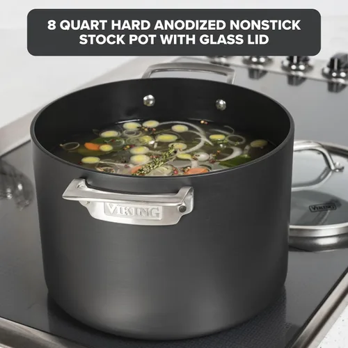 Vista 2 de Viking Olla antiadherente, 8 cuartos de galón anodizada dura olla de sopa antiadherente con tapa de vidrio, gris