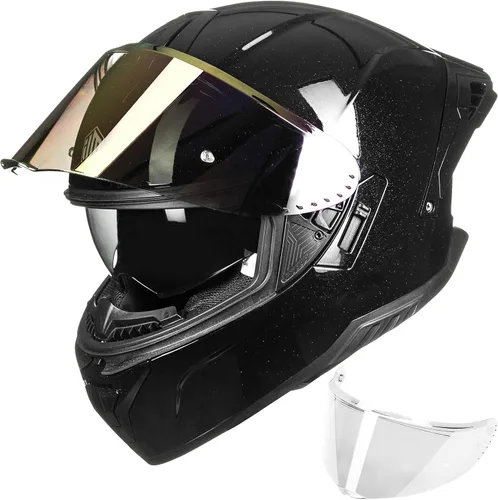 Vista 12 de ILM Cascos de motocicleta de cara completa para adultos, hombres y mujeres, doble visera Powersports Motorbike Street Racing 619 (negro dorado, S)