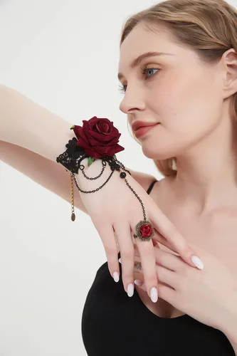 Vista 6 de Pulsera gótica de encaje con anillo de dedo, pulsera esclava de flores rosas, arnés de fiesta Lolita Costome, cadena de mano para mujeres, novias