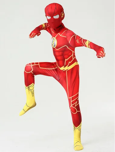 Vista 7 de Dokiory Disfraz de superhéroe rojo para niños, disfraz de superhéroe rojo para cosplay, overol para niños de 3 a 12 años