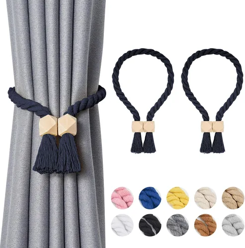 Vista 50 de NICEEC 2 Pack de Alzapaños Magnéticos de Madera en Forma de Cubo Boho para Decoración del Hogar, Alzapaños de Lino Tejidos a Mano para Cortinas Beige