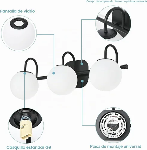 Vista 5 de Moderna lámpara negra para tocador de baño, accesorios de iluminación de 3 luces, marco y pantalla de globo de vidrio blanco leche, aplique de pared