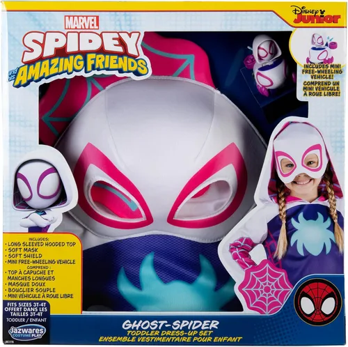 Vista 2 de Marvel Ghost Spider Toddler Dress-Up Box Set – Costume Top, Fabric Mask, Web Shield Accessory, and Mini Toy Vehicle (3T-4T) Multi