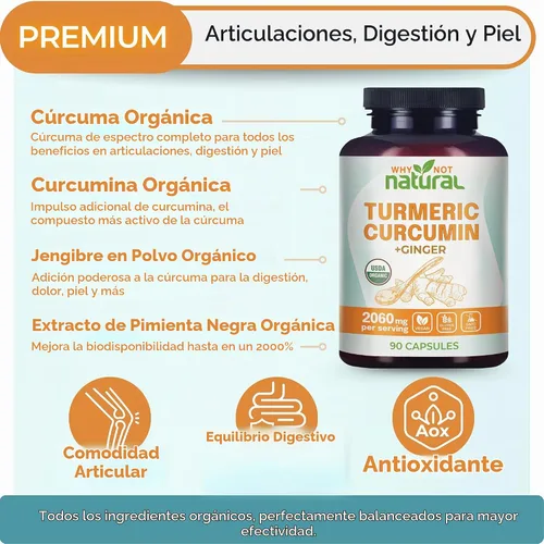 Vista 2 de Suplemento orgánico de curcumina de cúrcuma en cápsulas con jengibre y pimienta negra - Tumeric
