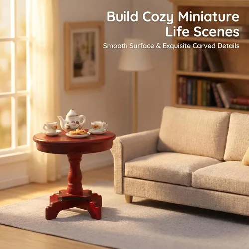 Vista 2 de Mesa auxiliar de casa de muñecas en miniatura, muebles de madera a escala 1:12, modelo de mesa de té lateral redonda para accesorios de casa