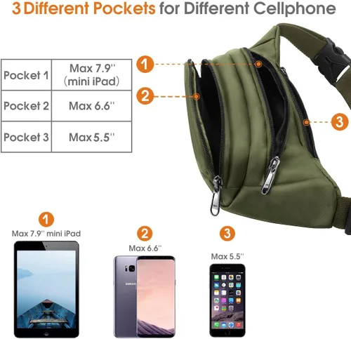 Vista 2 de Riñonera grande para mujeres y hombres – Riñonera Syican con 3 bolsillos con cremallera, regalos para disfrutar de deportes, viajes, entrenamiento