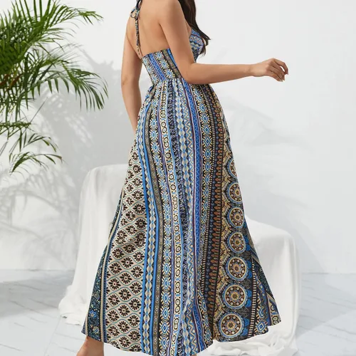 Vista 3 de Women's Summer Dresses Fashion New Bohemian Style Printed Neckless Sleeveless Dress Long Sleeve Bodycon Dress