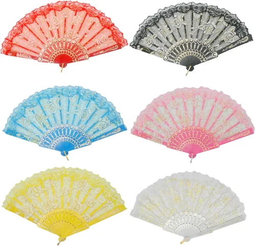 Vista 10 de TrendBox - Abanico chino de mano en encaje de rosas, diseño elegante vintage retro, plegable, para damas, para bailes de bola, 1 juego (10 colores)