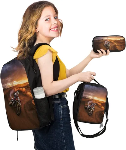 Vista 7 de Giwawa Mochilas escolares geniales para adolescentes y niños, juego de bolsas escolares, bolsa de almuerzo, estuche para lápices, Motocicleta