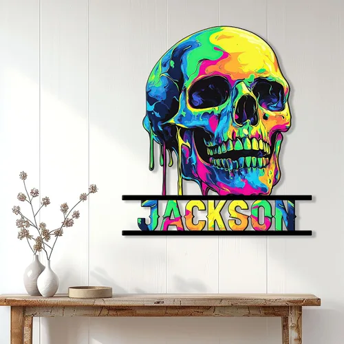 Vista 3 de Letrero de metal personalizado con calavera, letrero colgante de calavera para porche al aire libre, valla de pared con nombre personalizado, patio
