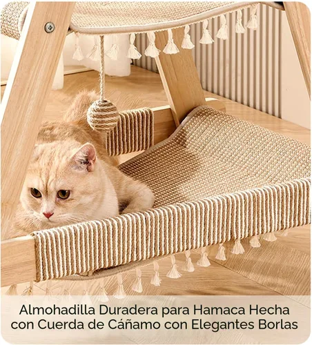 Vista 3 de SHENGOCASE - Torre de árbol para gatos de 3 niveles en forma de A, moderna, estructura de madera con escalera, cama con hamaca de varios niveles