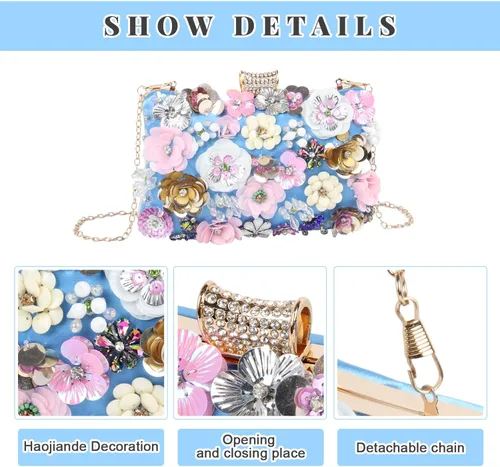 Vista 5 de Bolsos de noche florales para mujer, bolsos de mano con diamantes de imitación coloridos, bolso floral para novia, boda, bolso de hombro con cadena