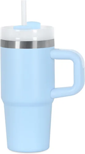 Vista 13 de Muwnrol Vaso de 14 onzas con asa y popote para niños, vaso de acero inoxidable aislado al vacío que mantiene el frío, el calor y el hielo, regalos