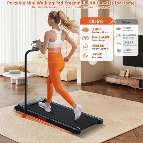 Vista 3 de Walking Pad Treadmill with Handle Bar, 3.0HP Portable Electric Treadmills for Exercising, 0.6-7.6MPH Mini Walking Pad Treadmill with Incline, Under