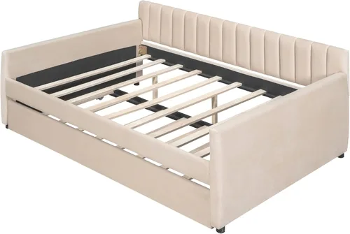 Vista 5 de Sofá cama tapizado de tamaño completo con nido y soporte de listones de madera, elegante sofá cama para sala de estar y dormitorio