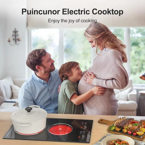 Vista 2 de Placa de cocina eléctrica, integrada y de encimera de 2 quemadores eléctricos para cocinar, 2400W 110V, 11 configuraciones de potencia, temporizador
