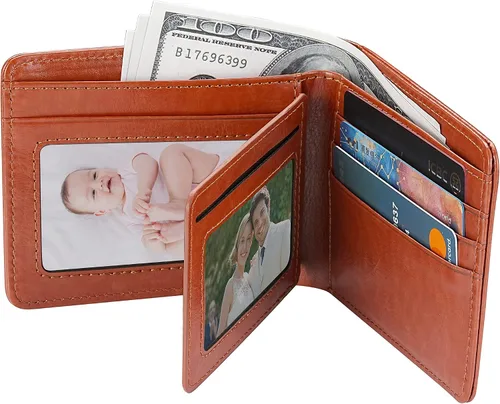 Vista 7 de Billetera de cuero suave y suave para hombre, billetera plegable de capacidad extra con 2 ventanas de identificación, billetera delgada con 8